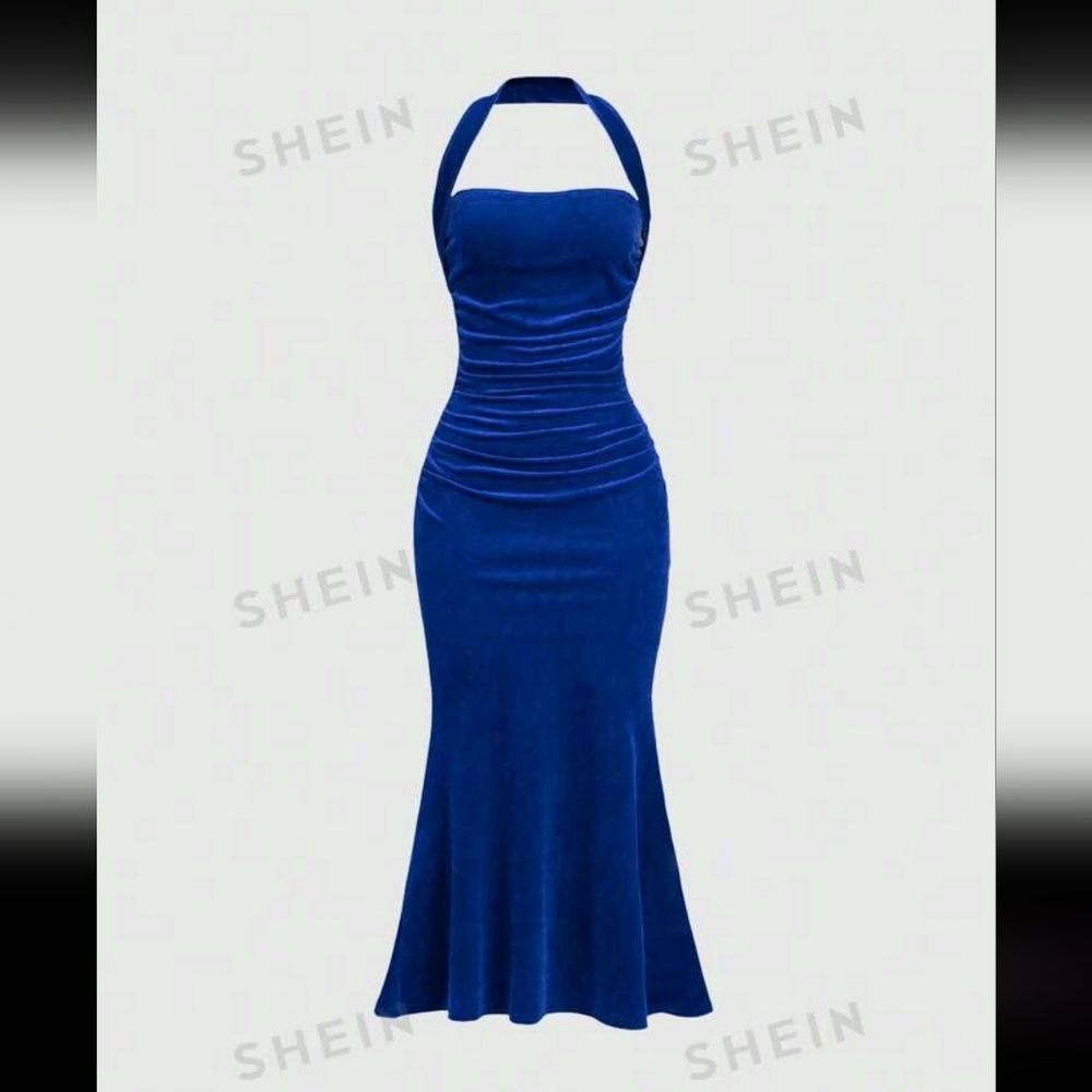 Blue velvet mermaid halter dress